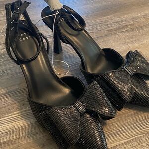 NWT A NEW DAY Black Rhinestone Bow Front Ankle Strap Heels 9